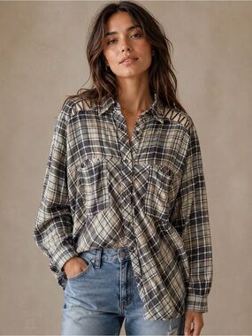 Free People Plaid Button-Up Shirt w/Shoulder Cutout Detail Women’s Size Small
